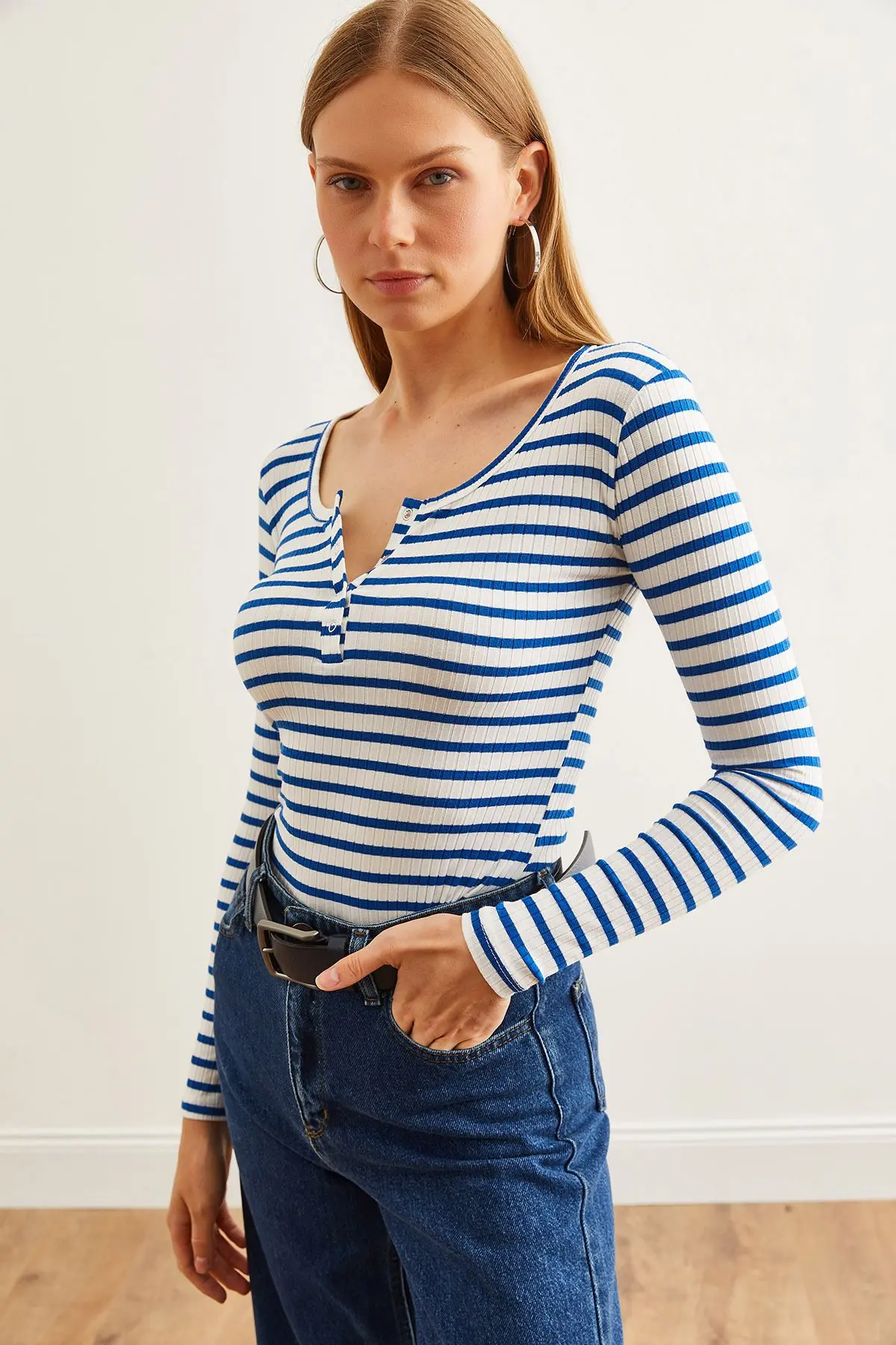 Kadın Kalın Fitilli Saks Mavi Patlı Kaşkorse Bluz BLZ-19000588