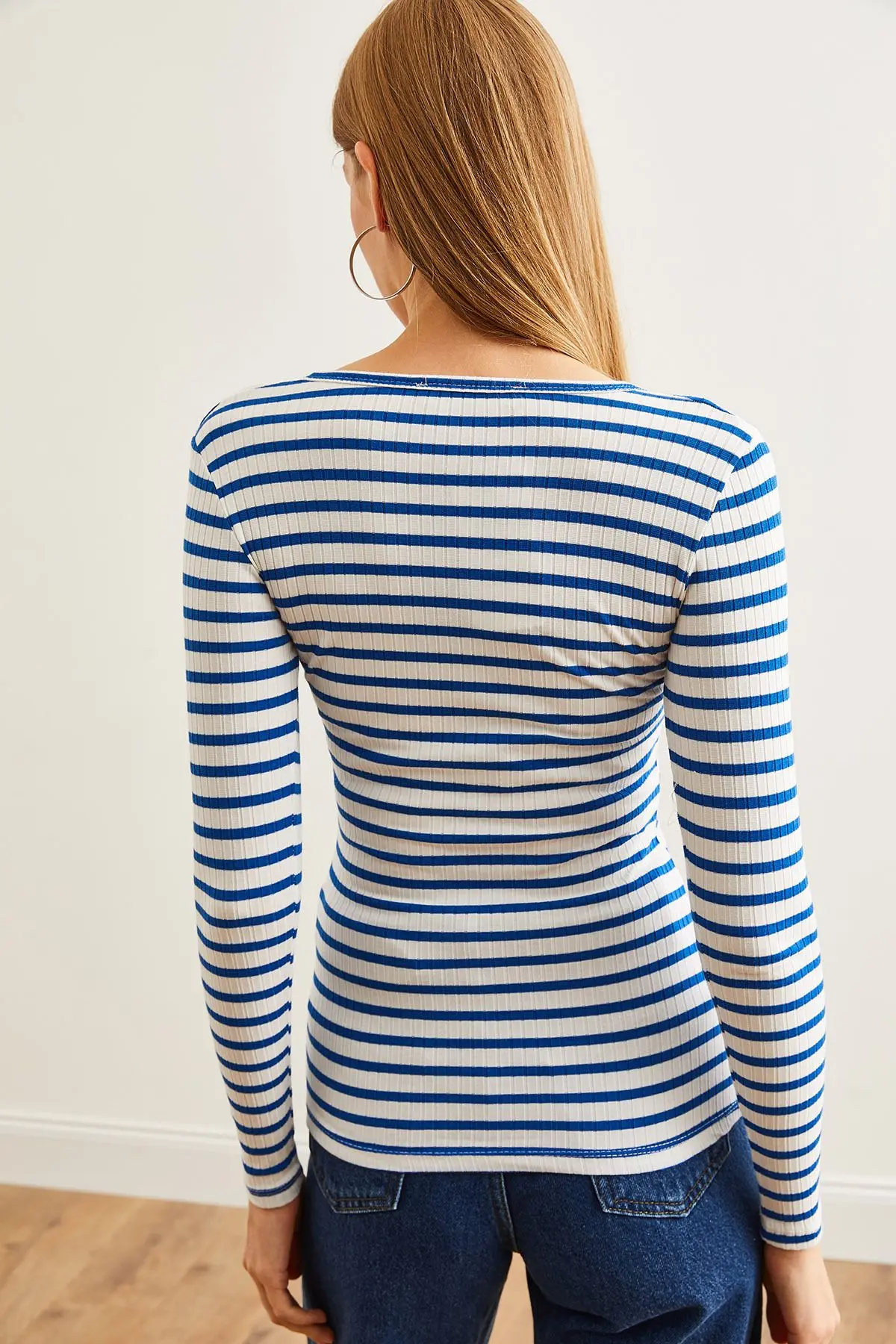 Kadın Kalın Fitilli Saks Mavi Patlı Kaşkorse Bluz BLZ-19000588