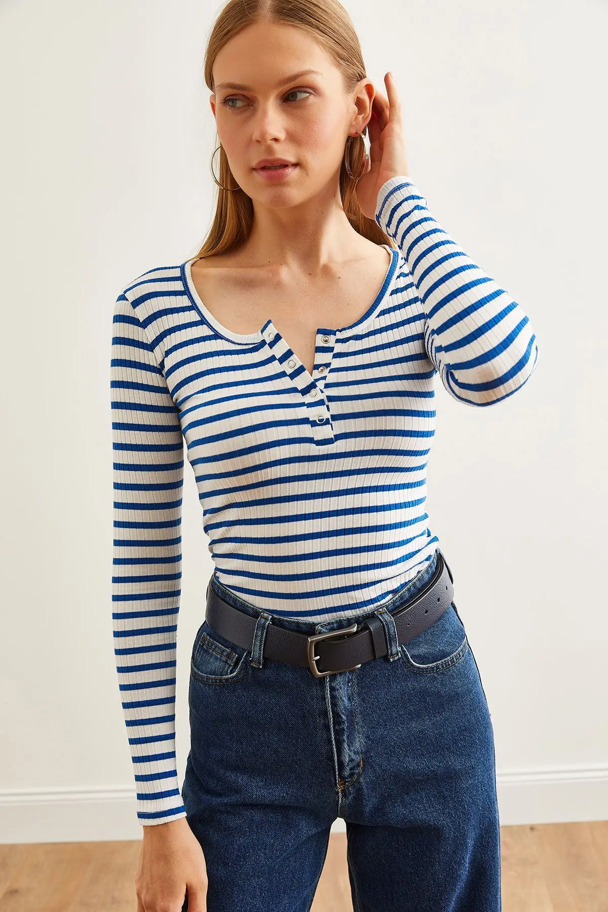 Kadın Kalın Fitilli Saks Mavi Patlı Kaşkorse Bluz BLZ-19000588