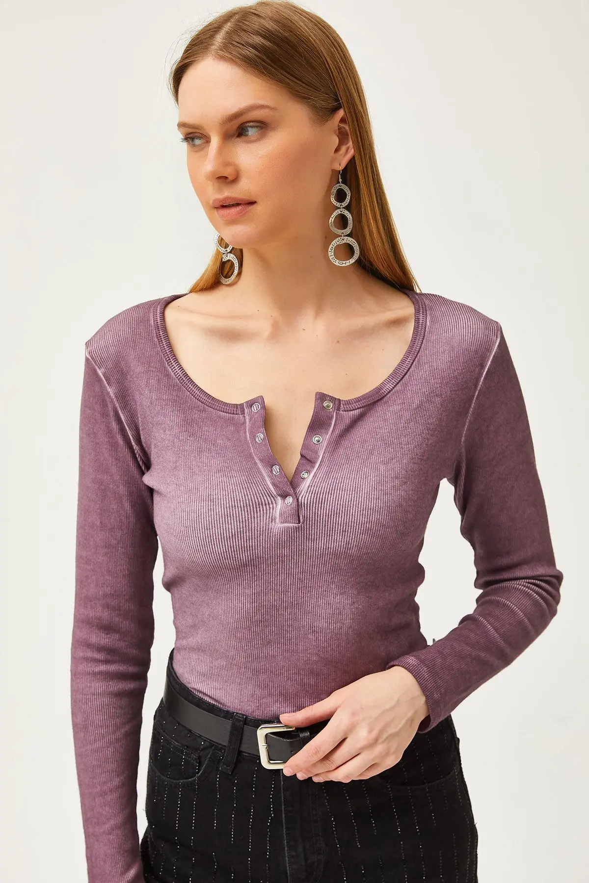 Kadın Yıkamalı Mor Patlı Kaşkorse Bluz BLZ-19000588