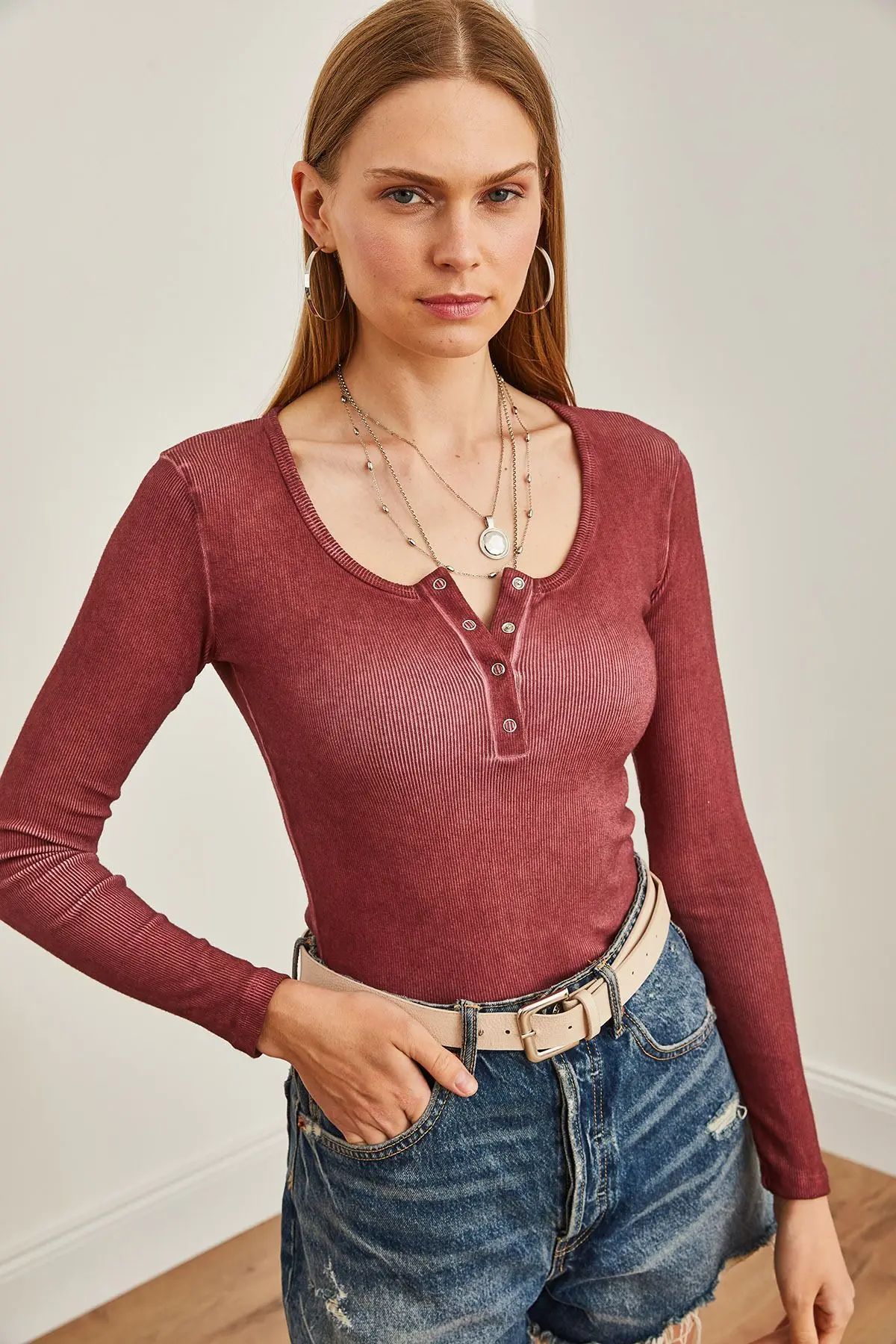 Kadın Yıkamalı Bordo Patlı Kaşkorse Bluz BLZ-19000588