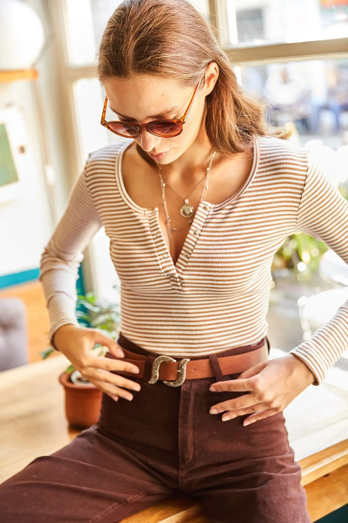 Kadın Çizgili Bej Patlı Kaşkorse Bluz BLZ-19000588