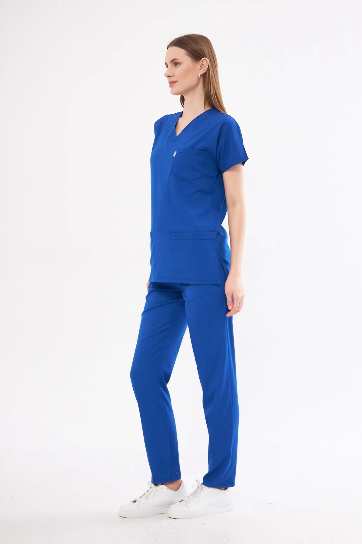 Saks Mavi Likralı Unisex Medikal Hemşire Ve Doktor Üniforması Scrubs Cerrahi Giyim Takım