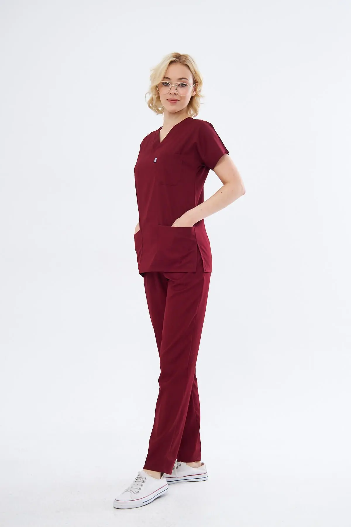 Bordo Medikal Hemşire Üniforması Unisex Yüksek Pamuk Likra Doktor Hekim Hemşire Scrubs