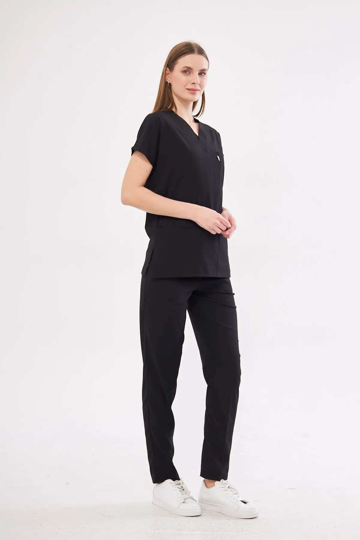Siyah Likralı Unisex Yarasa Kol Hemşire Ve Doktor Forması Takımı Scrubs