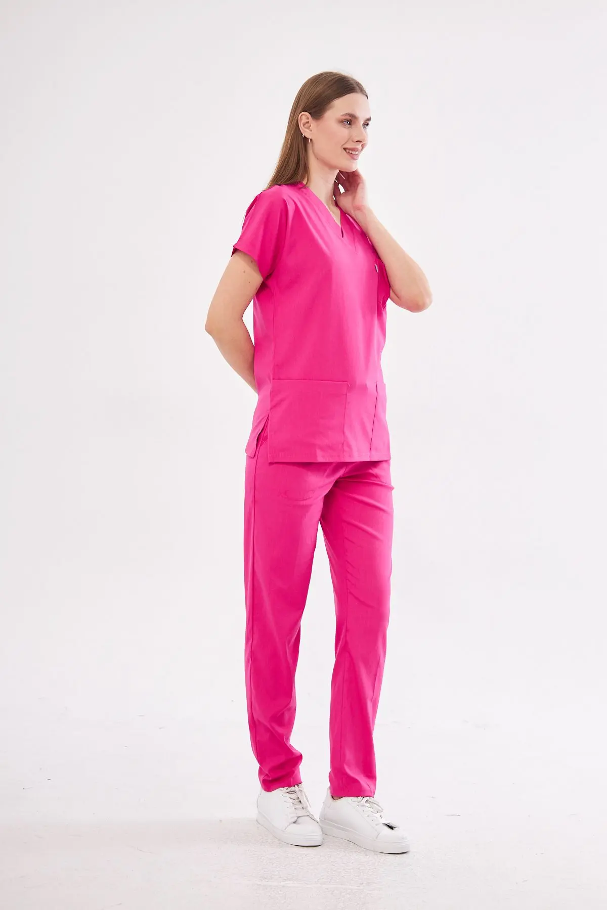 Fuşya Likralı Unisex Yarasa Kol Hemşire Ve Doktor Forması Takımı Scrubs