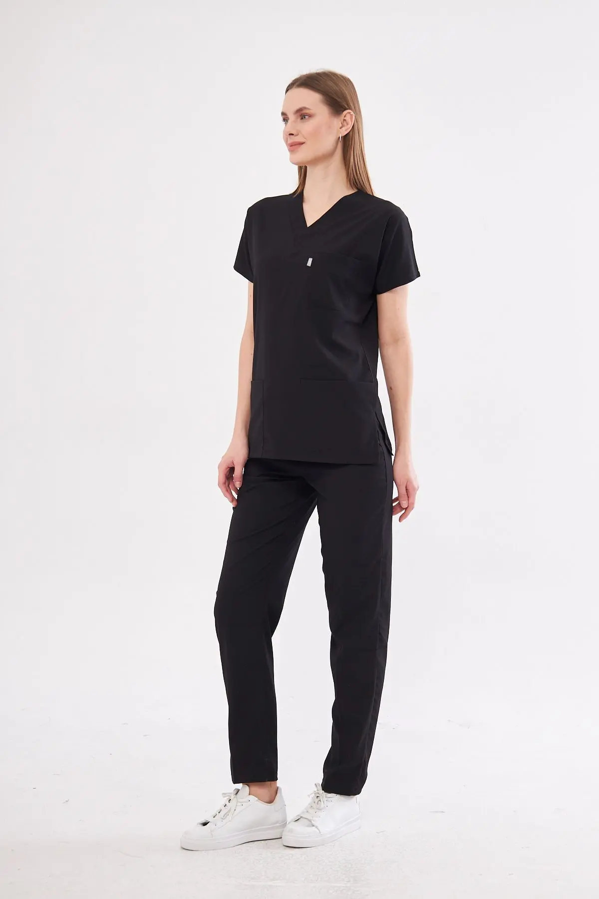 Siyah Likralı Unisex Yarasa Kol Hemşire Ve Doktor Forması Takımı Scrubs