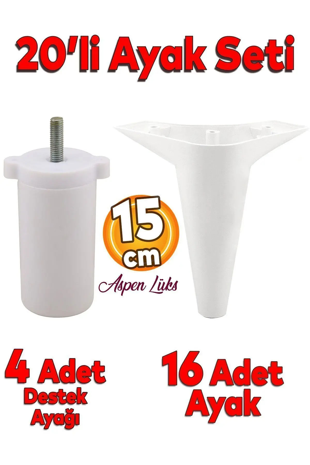 20'li Set Aspen Lüks Mobilya Koltuk Kanepe Tv Ünitesi Yükseltme Destek Ayağı 15 cm Beyaz Ayakları