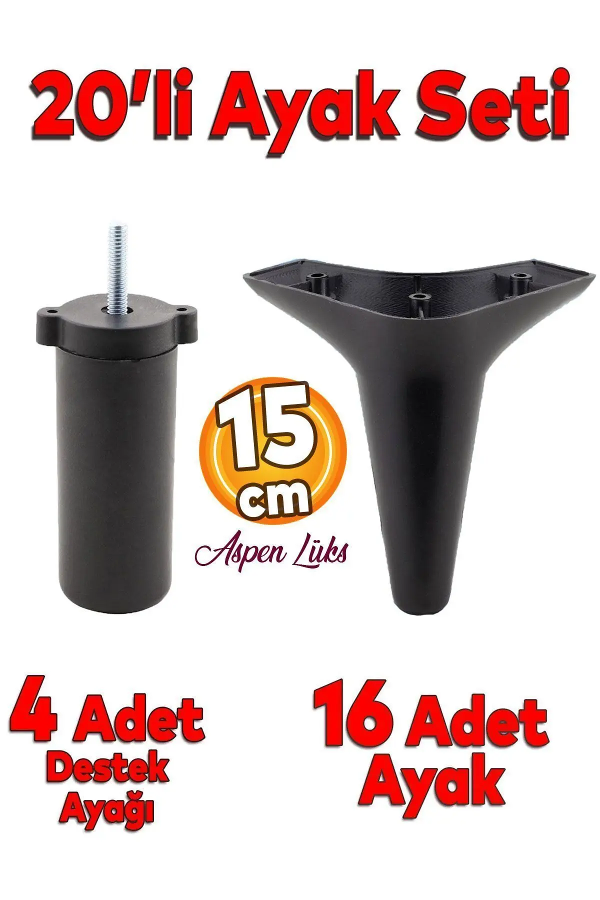 Badem10 20'li Set Aspen Lüks Mobilya Koltuk Kanepe Tv Ünitesi Yükseltme Destek Ayağı 15 cm Siyah Ayakları