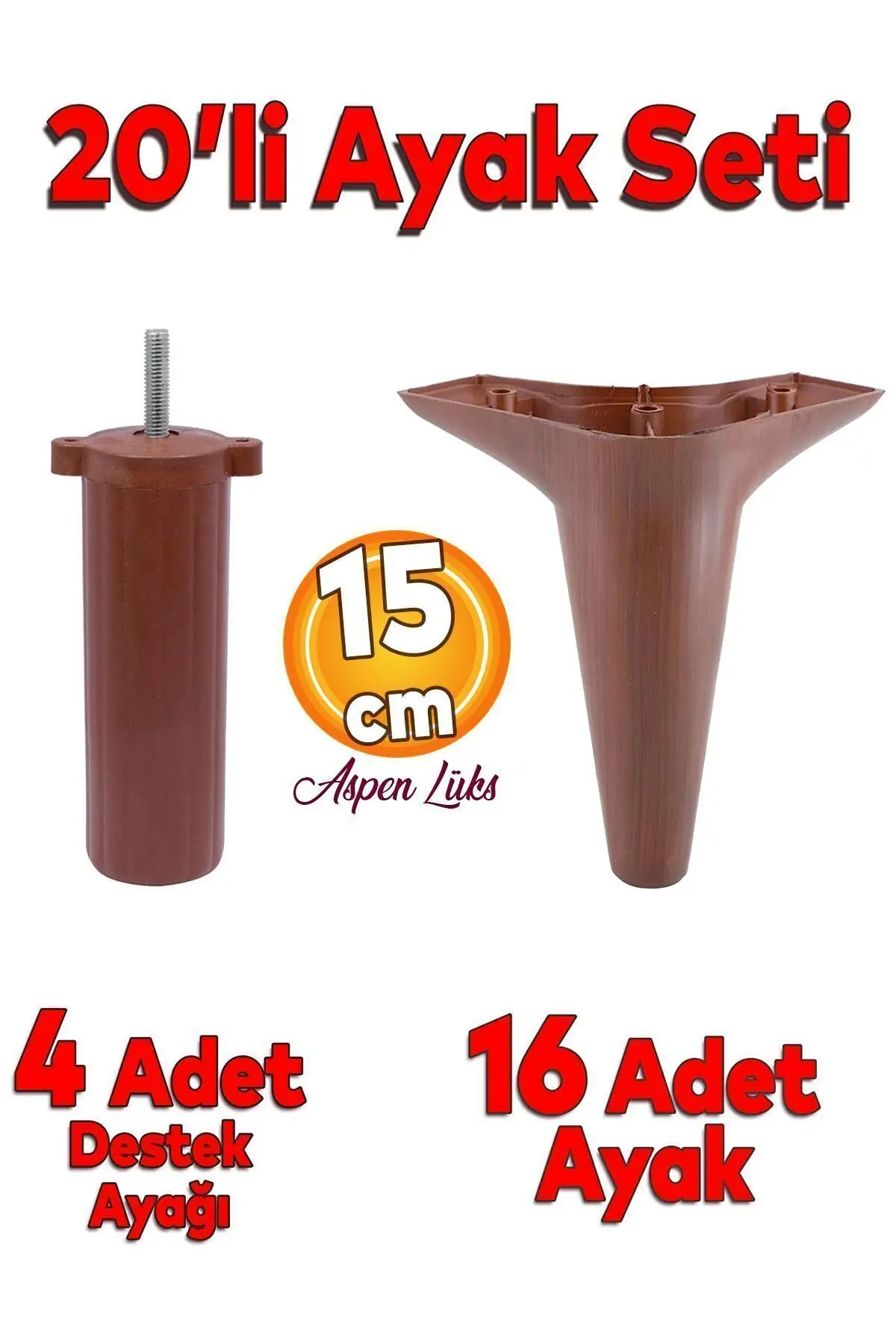 Badem10 20'li Set Aspen Lüks Mobilya Kanepe Koltuk TV Ünitesi Destek Ayağı 15 cm Kahverengi Ayakları