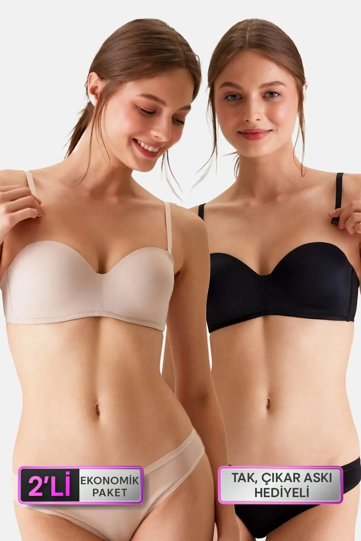 Pierre Cardin 2'li Ekonomik Paket Siyah-ten 6800 Ales Ultra Hafif Bütün Kap Dolgusuz Micro Straplez Sütyen Set