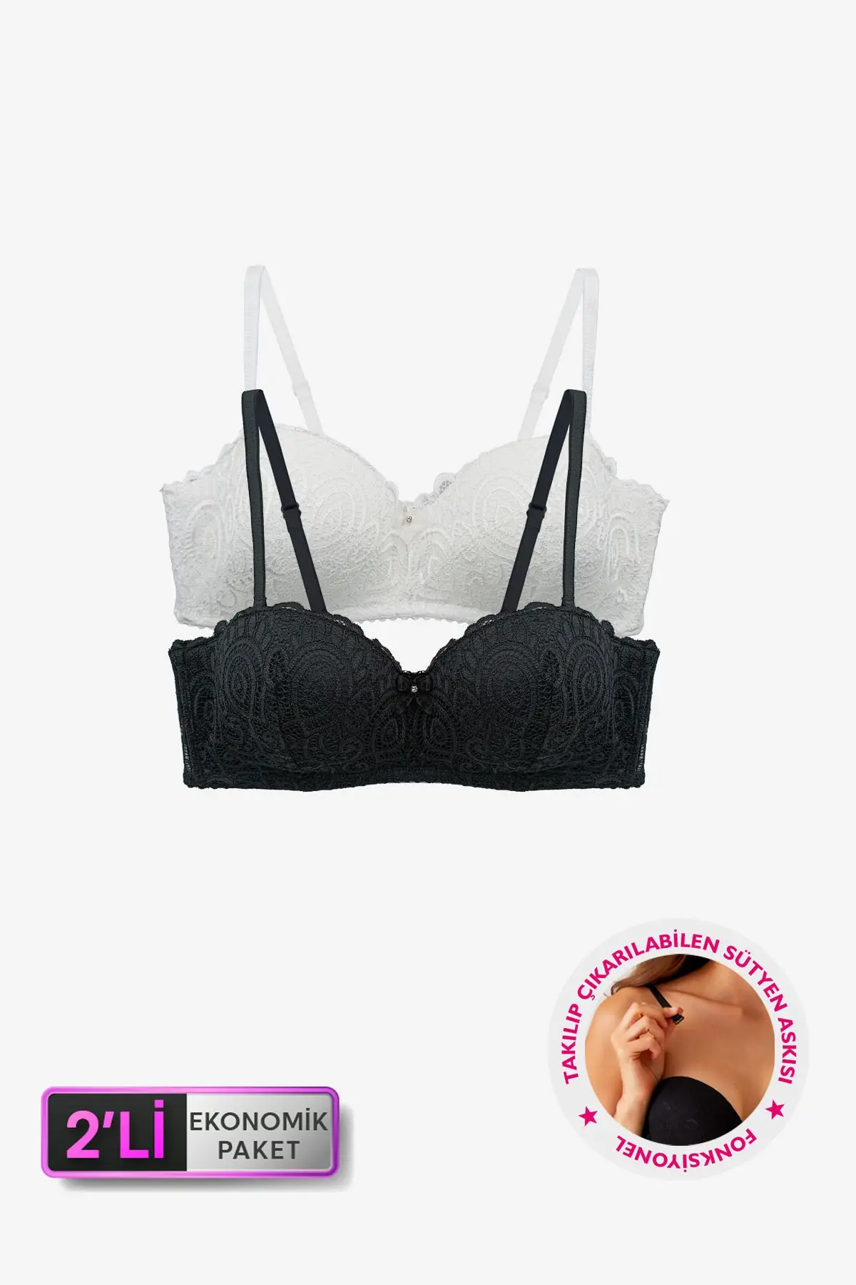 Pierre Cardin 2'li Ekonomik Paket Siyah Ekru 6800 Ales Bütün Kap Dolgusuz Dantelli Straplez Sütyen Set