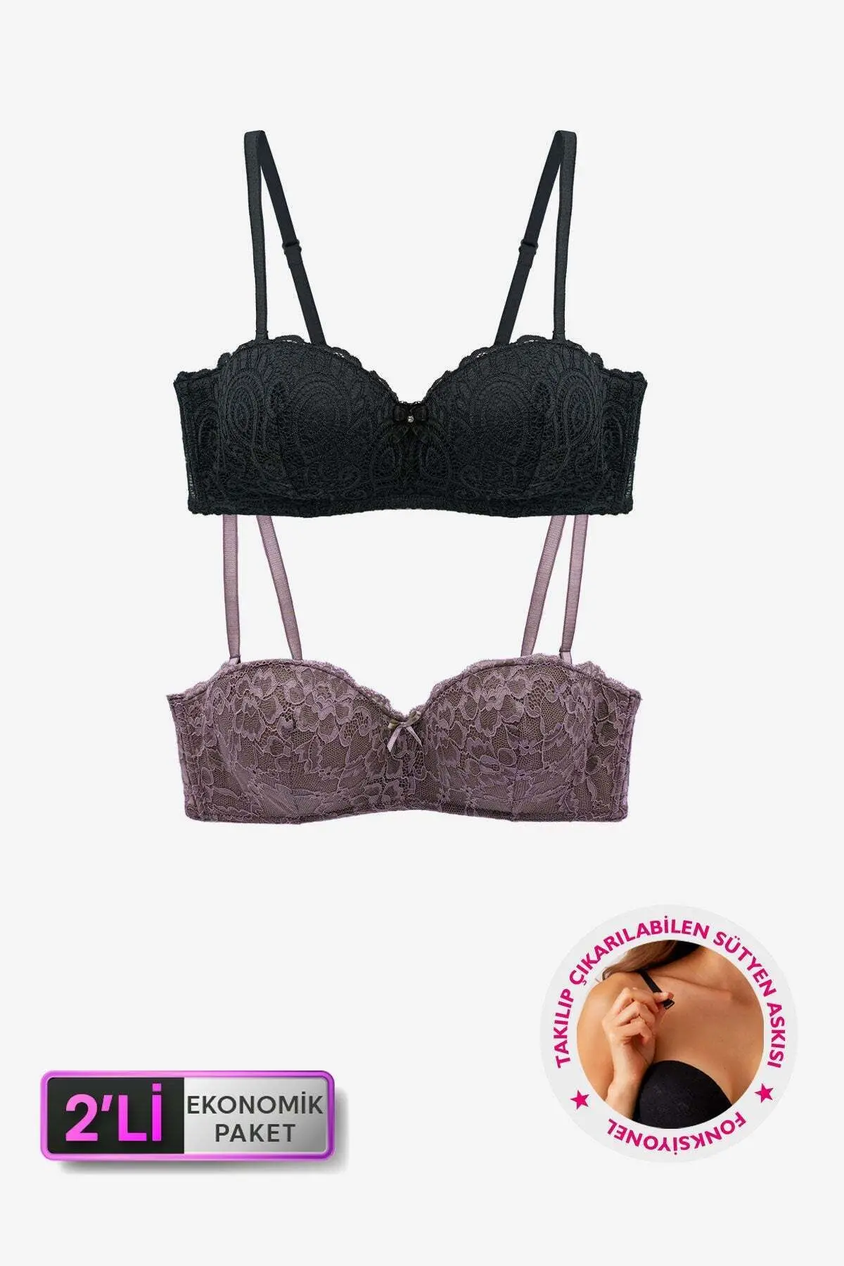 Pierre Cardin 2'li Ekonomik Paket Siyah Nude 6800 Ales Bütün Kap Dolgusuz Dantelli Straplez Sütyen Set