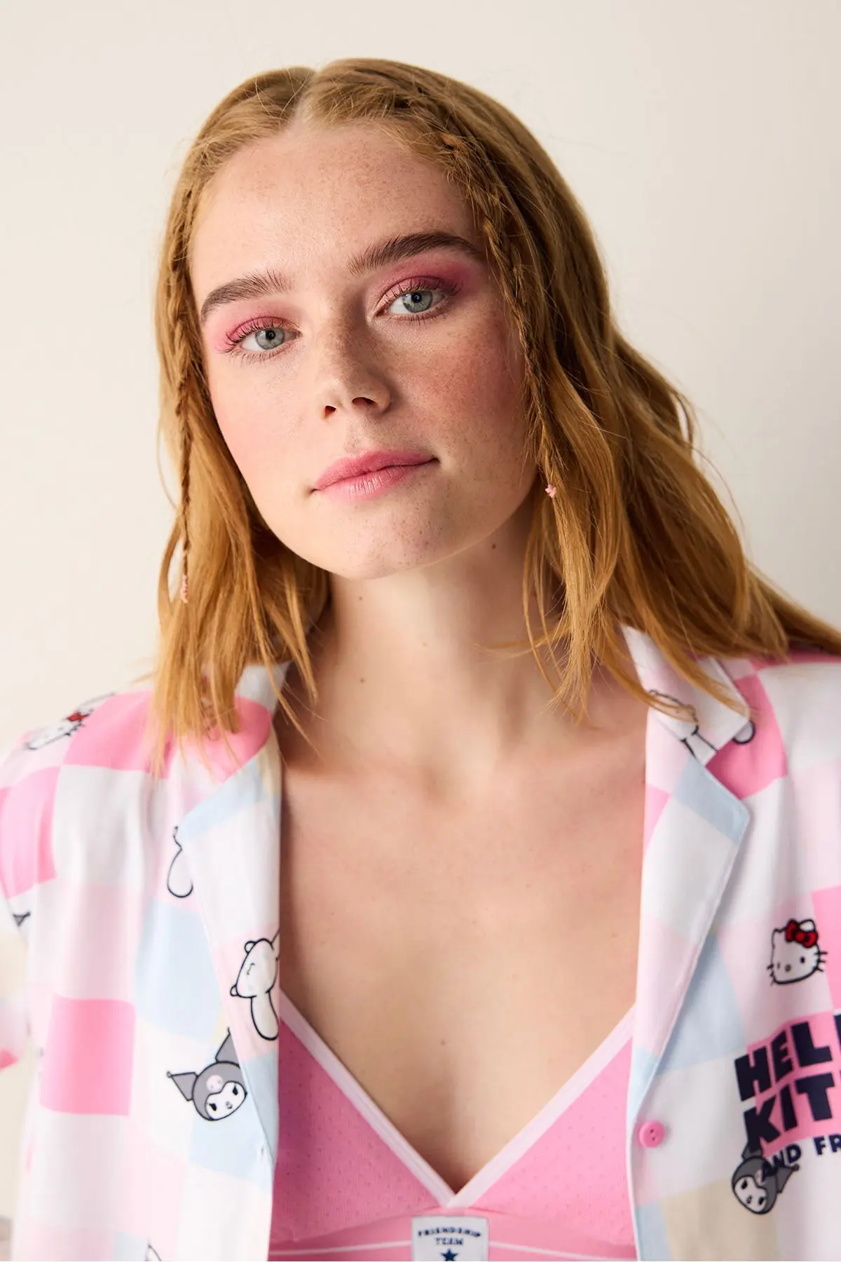 Sanrio Gingham Beyaz Düğmeli Gömlek Pantolon Pijama Takımı