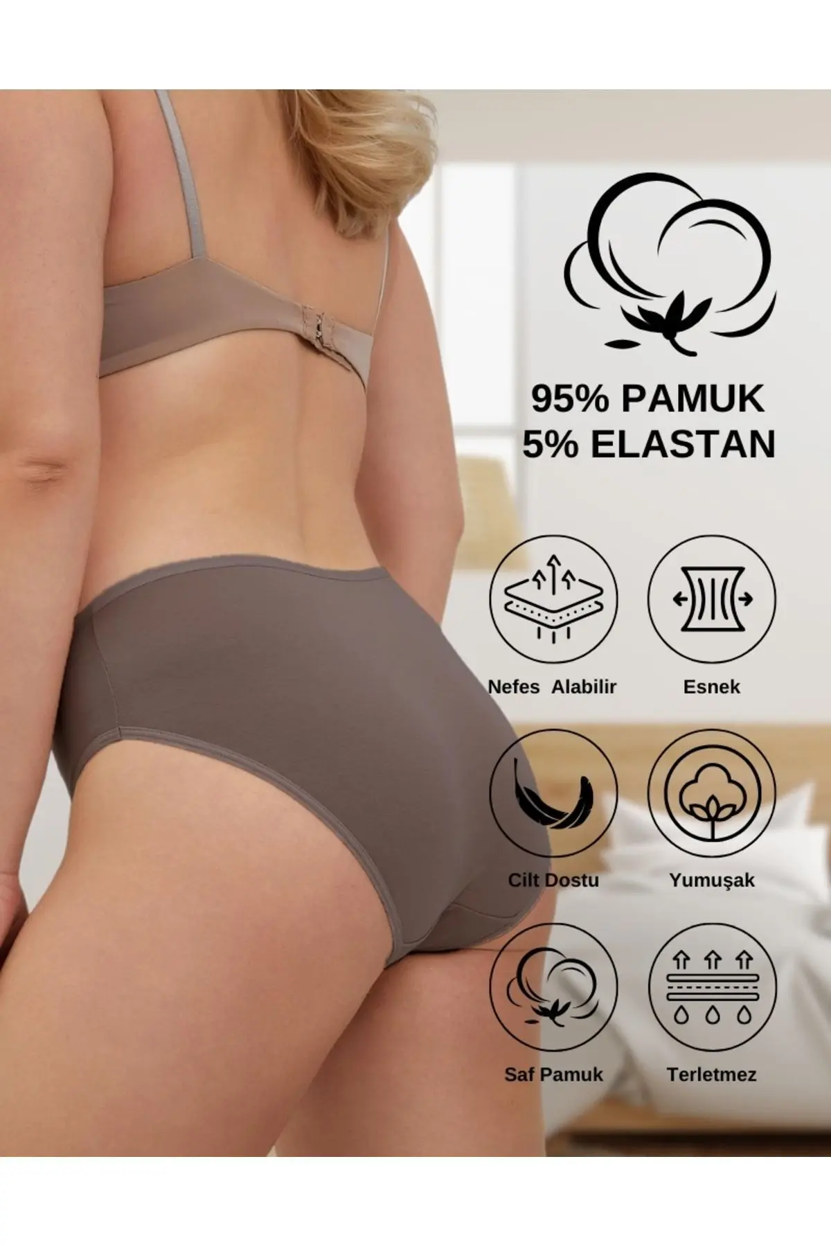 Kadın Pamuklu Renkli Bato / Hipster Slip Külot- Yeşil, Füme, Taş, A Kahve, Ekru