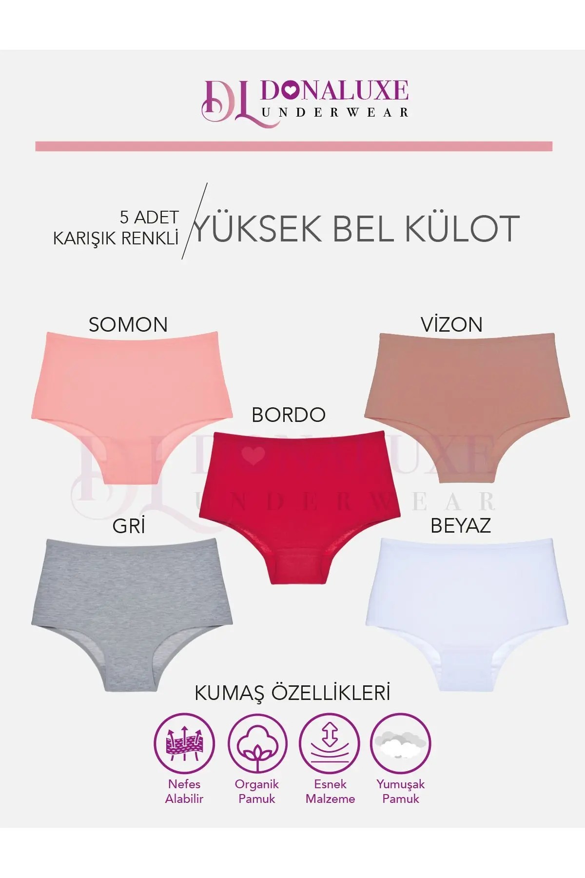 Kadın Yüksek Bel Bordo Somon Vizon Gri Beyaz Pamuklu Yumuşak Kumaş 5'li Paket Külot