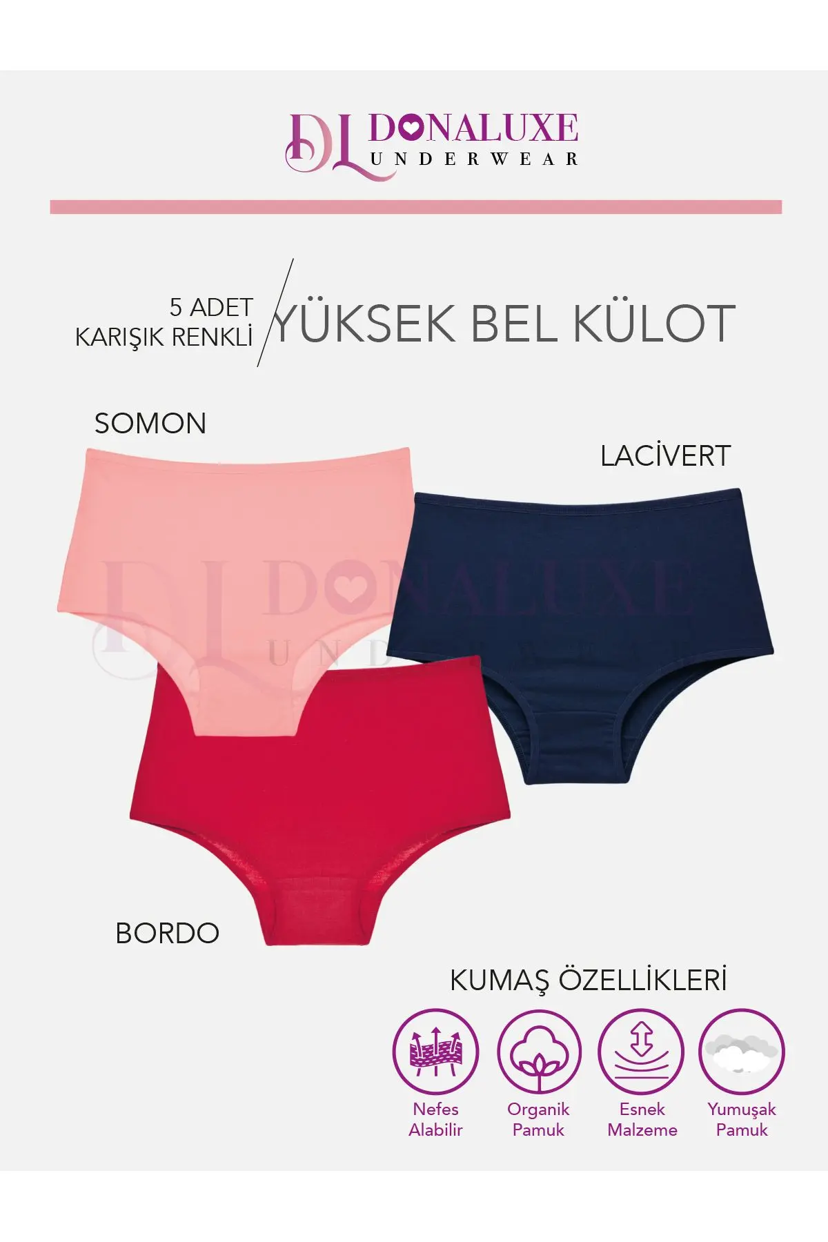 Kadın Yüksek Bel Bordo Somon Lacivert Pamuklu Yumuşak Kumaş 5'li Paket Külot