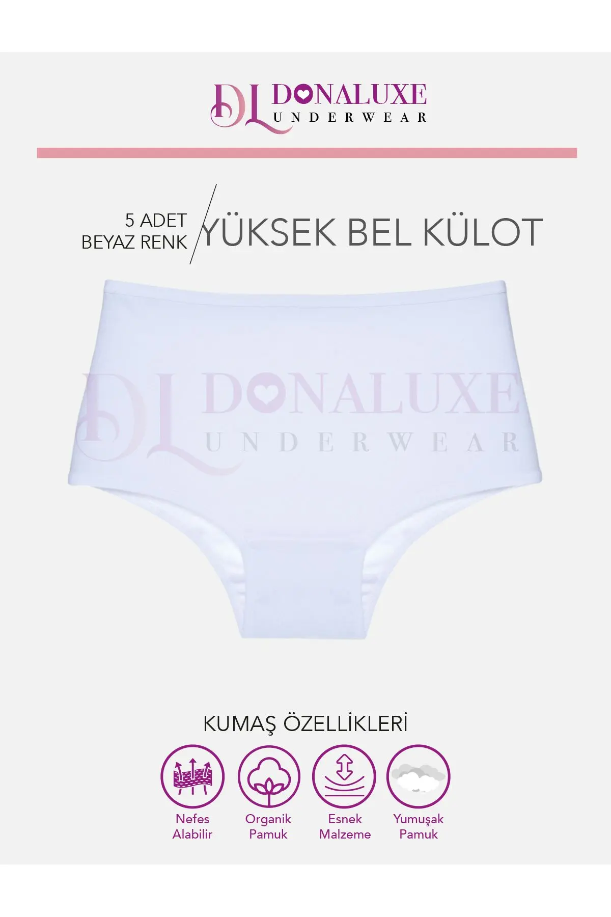 Kadın Yüksek Bel Beyaz Pamuklu Yumuşak Kumaş 5'li Paket Külot