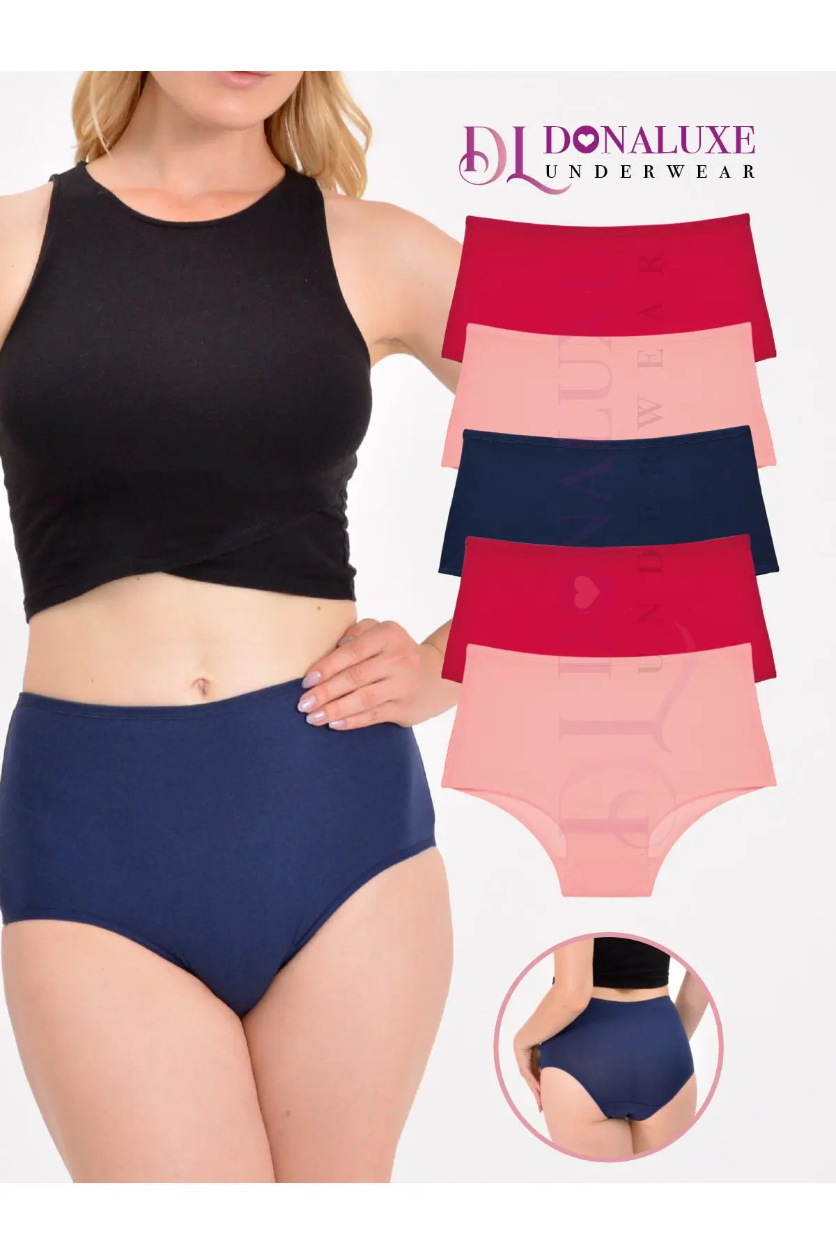 Donaluxe Kadın Yüksek Bel Bordo Somon Lacivert Pamuklu Yumuşak Kumaş 5'li Paket Külot