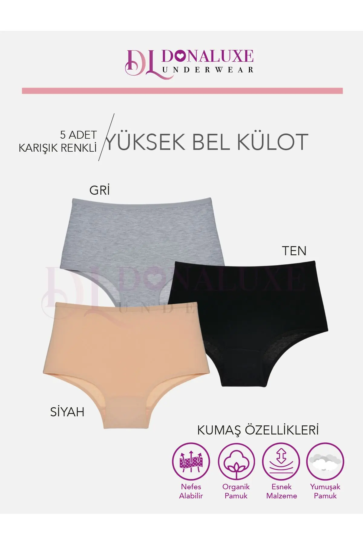 Kadın Yüksek Bel Siyah Gri Ten Pamuklu Yumuşak Kumaş 5'li Paket Külot