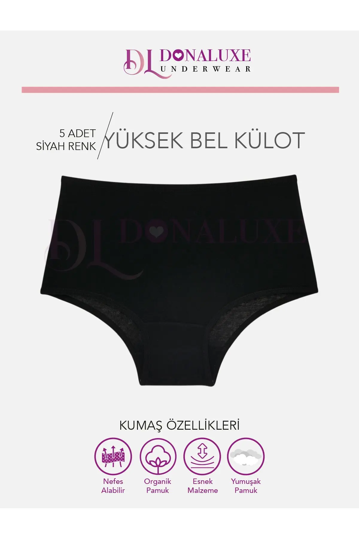 Kadın Yüksek Bel Siyah Pamuklu Yumuşak Kumaş 5'li Paket Külot