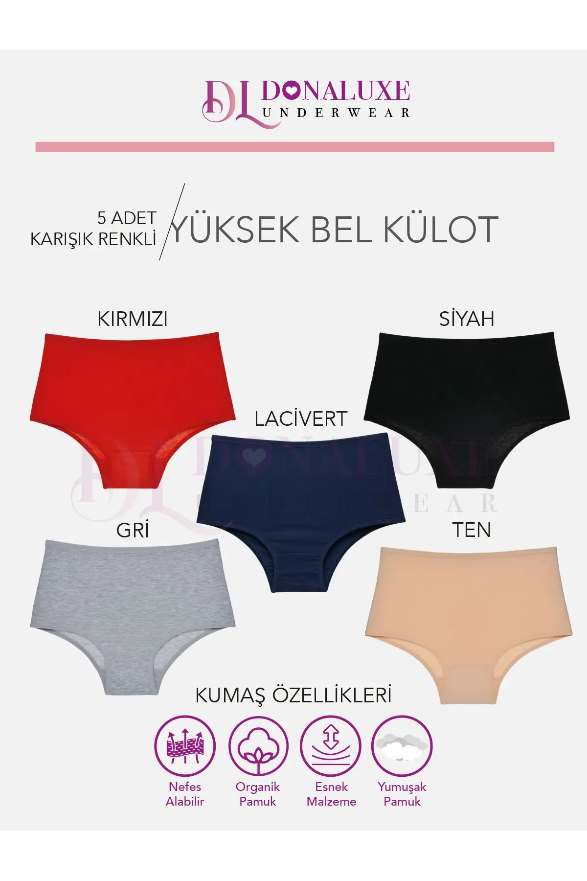 Kadın Yüksek Bel Siyah Ten Lacivert Kırmızı Gri Pamuklu Yumuşak Kumaş 5'li Paket Külot
