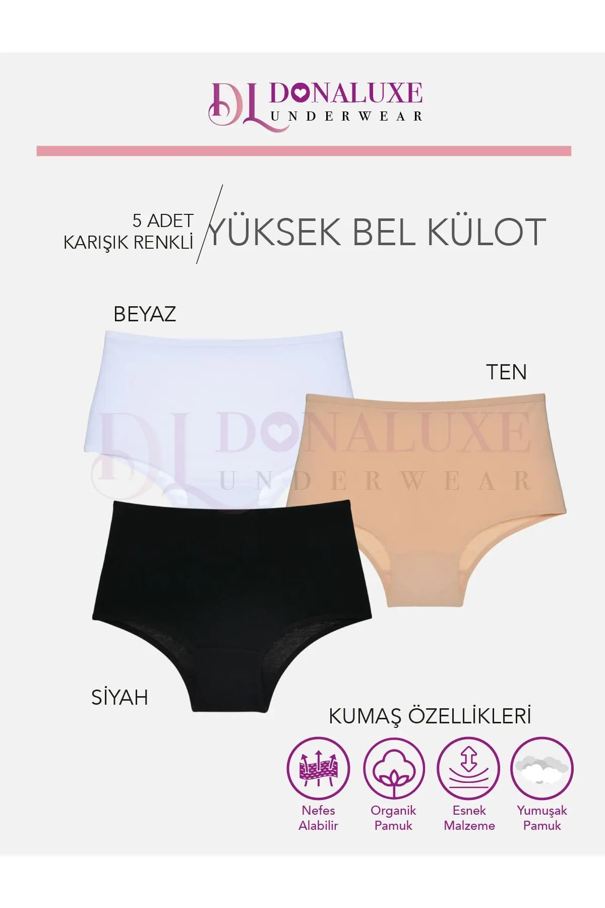 Kadın Yüksek Bel Siyah Beyaz Ten Pamuklu Yumuşak Kumaş 5'li Paket Külot