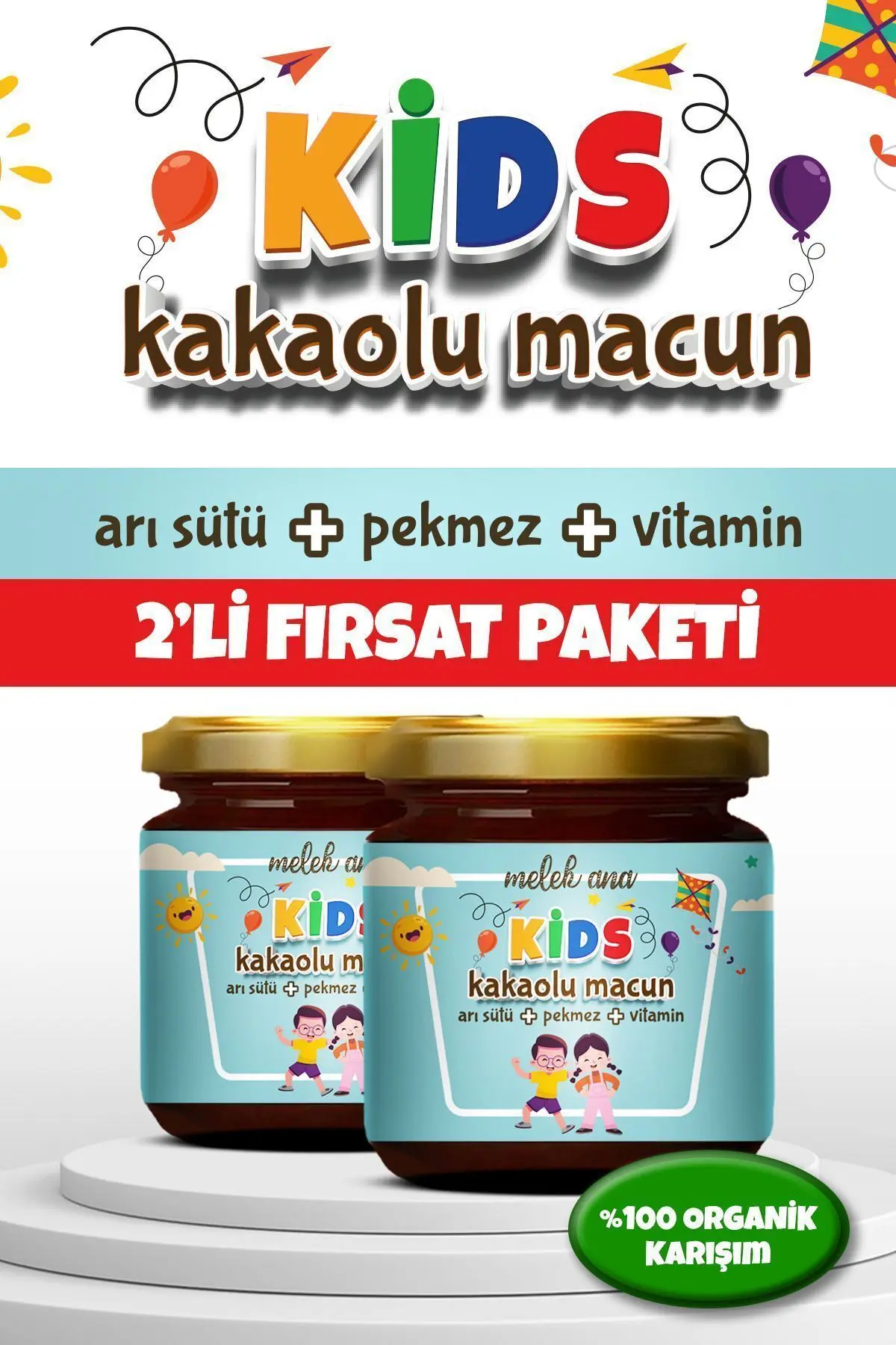 Melek Ana Kids Çocuklar için Özel Kakaolu, Arı sütlü, Vitaminli, İştah Açıcı, Kilo-Aldırıcı, Macun 2li Set