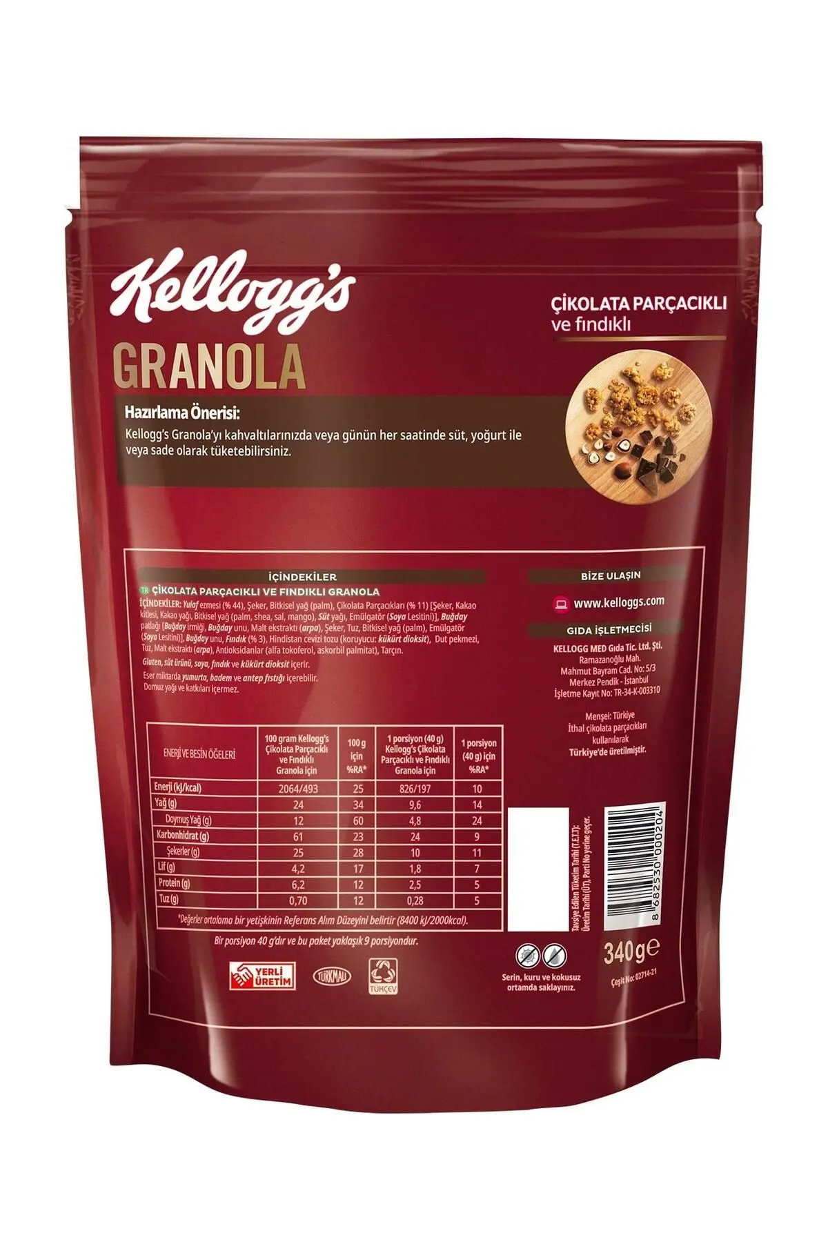 Çikolata Parçacıklı Ve Fındıklı Granola 340 Gr,%45 Yulaf,lif Kaynağı,kahvaltılık Gevrek