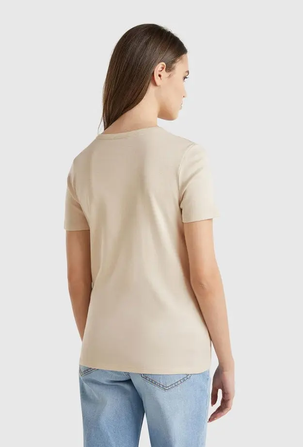 Kadın Taş Rengi %100 Koton Basic Kısa Kollu Bisiklet Yaka T-Shirt