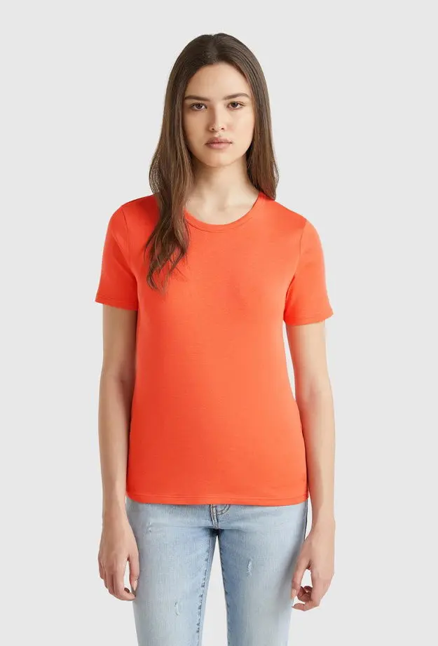 United Colors of Benetton Kadın Turuncu %100 Koton Basic Kısa Kollu Bisiklet Yaka T-Shirt