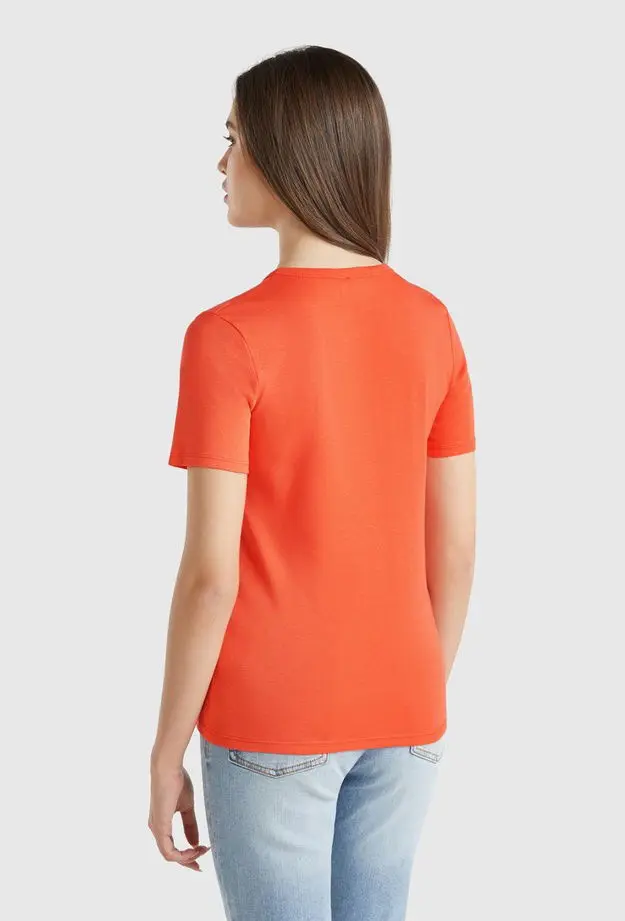 Kadın Turuncu %100 Koton Basic Kısa Kollu Bisiklet Yaka T-Shirt