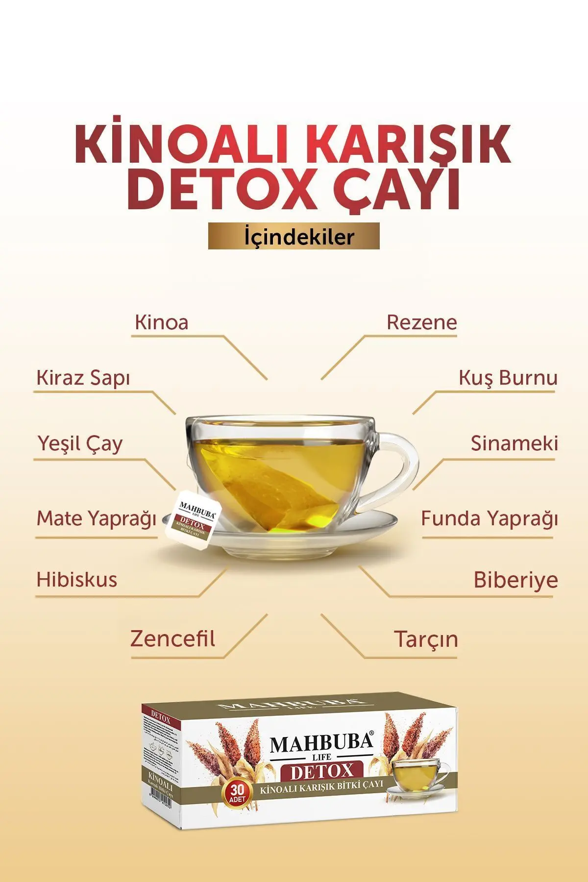 Kilo Vermeye Yardımcı Detox Kinoalı Karışık Bitki Çayı Zayıflama Form Diyet 1 Aylık 30x2gr