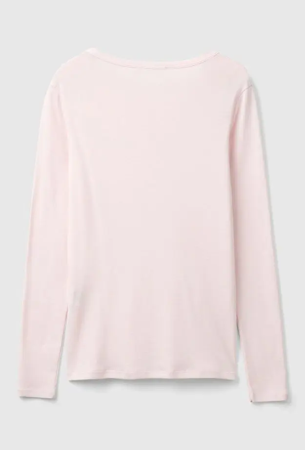 Kadın Toz Pembe %100 Koton Bisiklet Yaka Benetton Yazılı Uzun Kollu T-Shirt