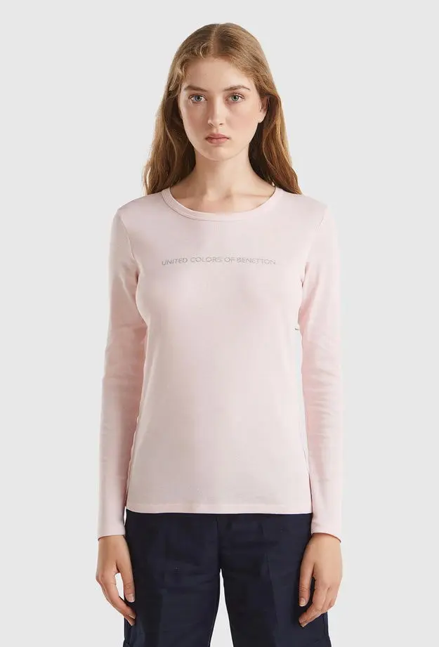 Kadın Toz Pembe %100 Koton Bisiklet Yaka Benetton Yazılı Uzun Kollu T-Shirt
