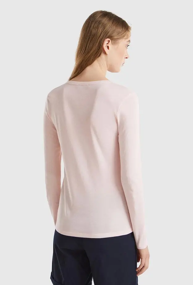 Kadın Toz Pembe %100 Koton Bisiklet Yaka Benetton Yazılı Uzun Kollu T-Shirt