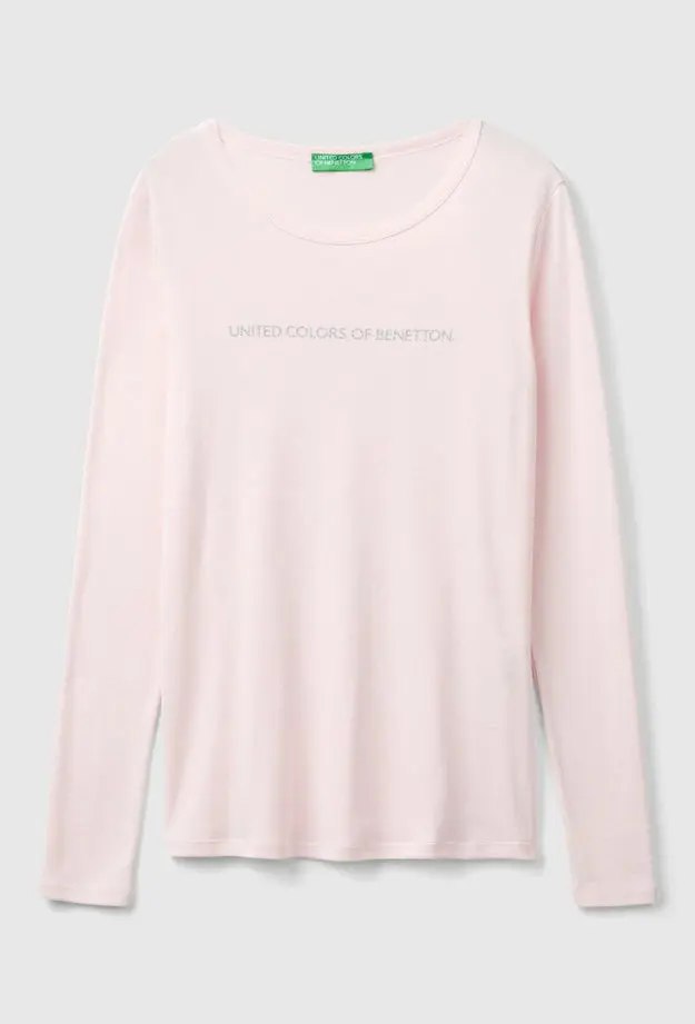Kadın Toz Pembe %100 Koton Bisiklet Yaka Benetton Yazılı Uzun Kollu T-Shirt