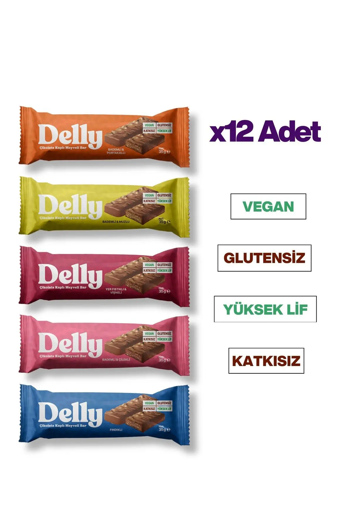 Delly Çikolata Kaplı - Vegan Meyveli Bar - Karışık Kutu 35g X 12 Adet