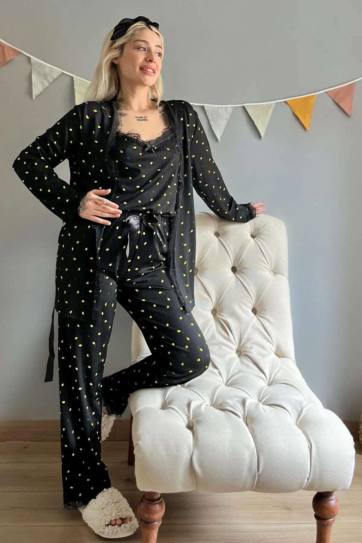 Mini Lemon Desenli Sabahlıklı Pegasus Pijama Takımı