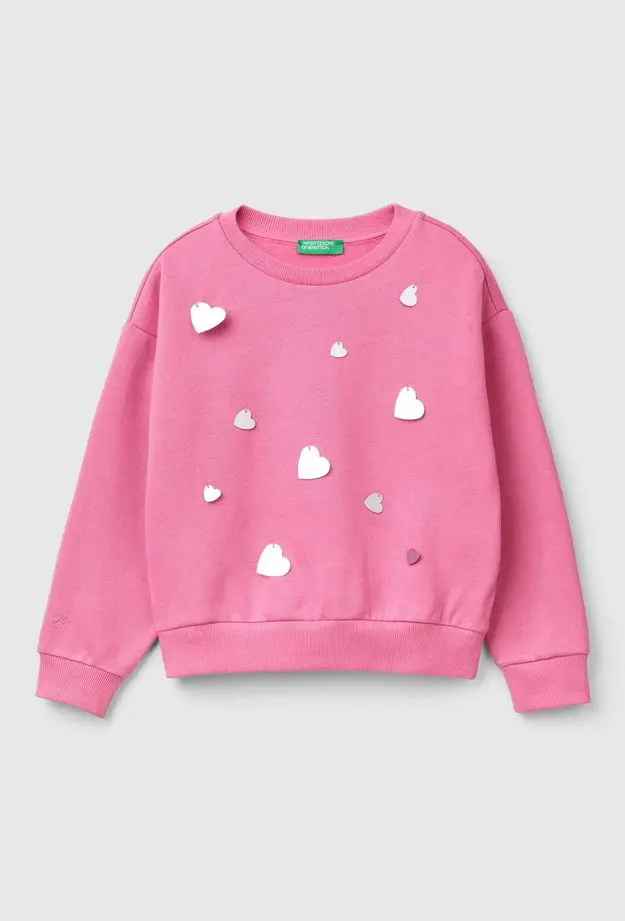 United Colors of Benetton Kız Çocuk Pembe Önü Kalpli Payetli Düşük Omuz Bisiklet Yaka Sweatshirt
