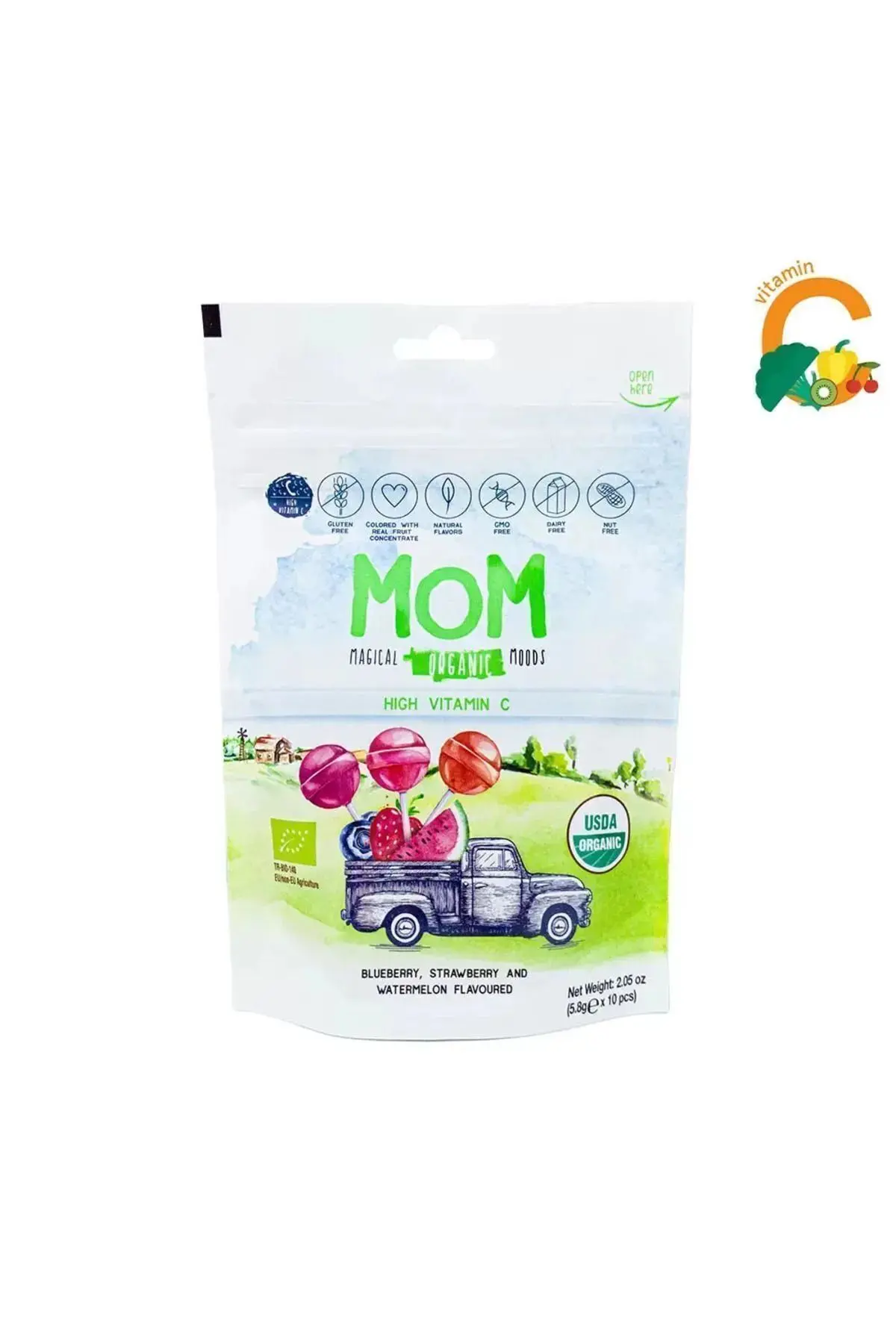 Mom Organik Lolipop (ÇİLEK, KARPUZ, YABAN MERSİNİ VE C VİTAMİNİ) - 1 Paket