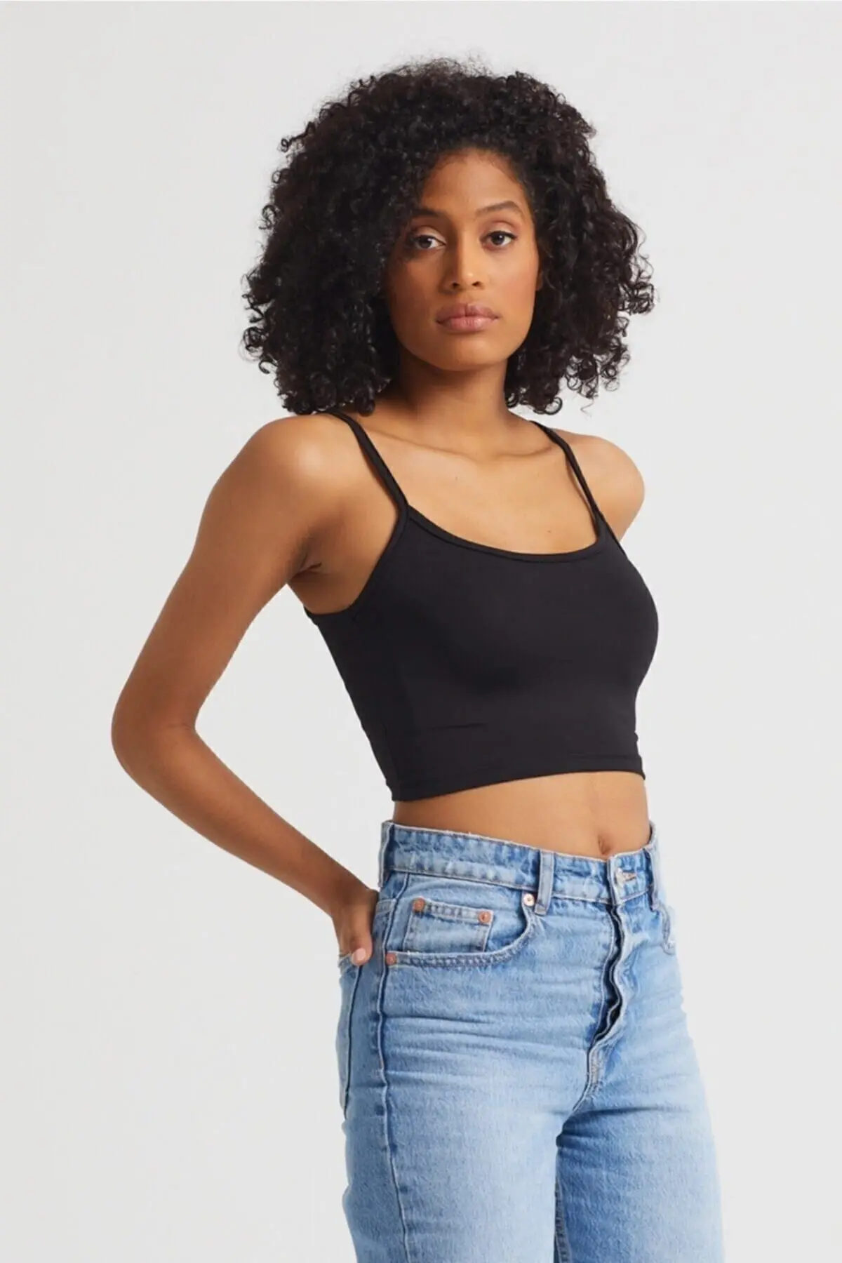 Kadın Siyah Scuba Kumaş İp Askılı Crop Top