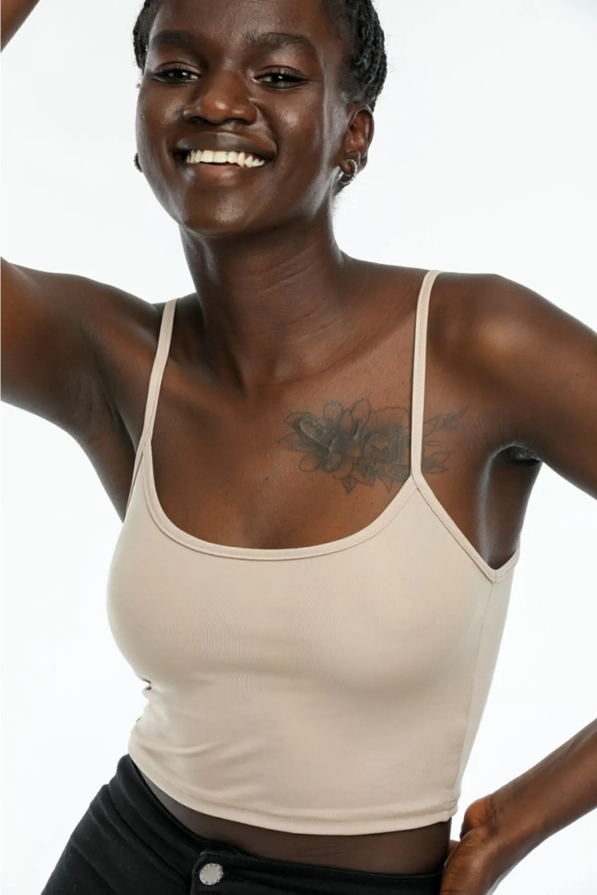 Kadın Bej Rengi Scuba Kumaş Ip Askılı Crop Top