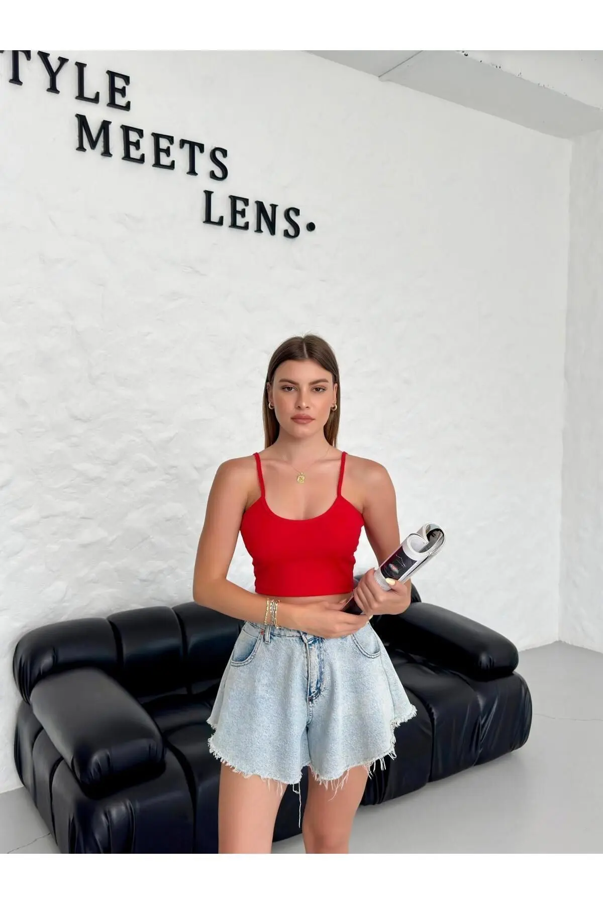 Kadın Kırmızı Scuba Kumaş Ip Askılı Crop Top