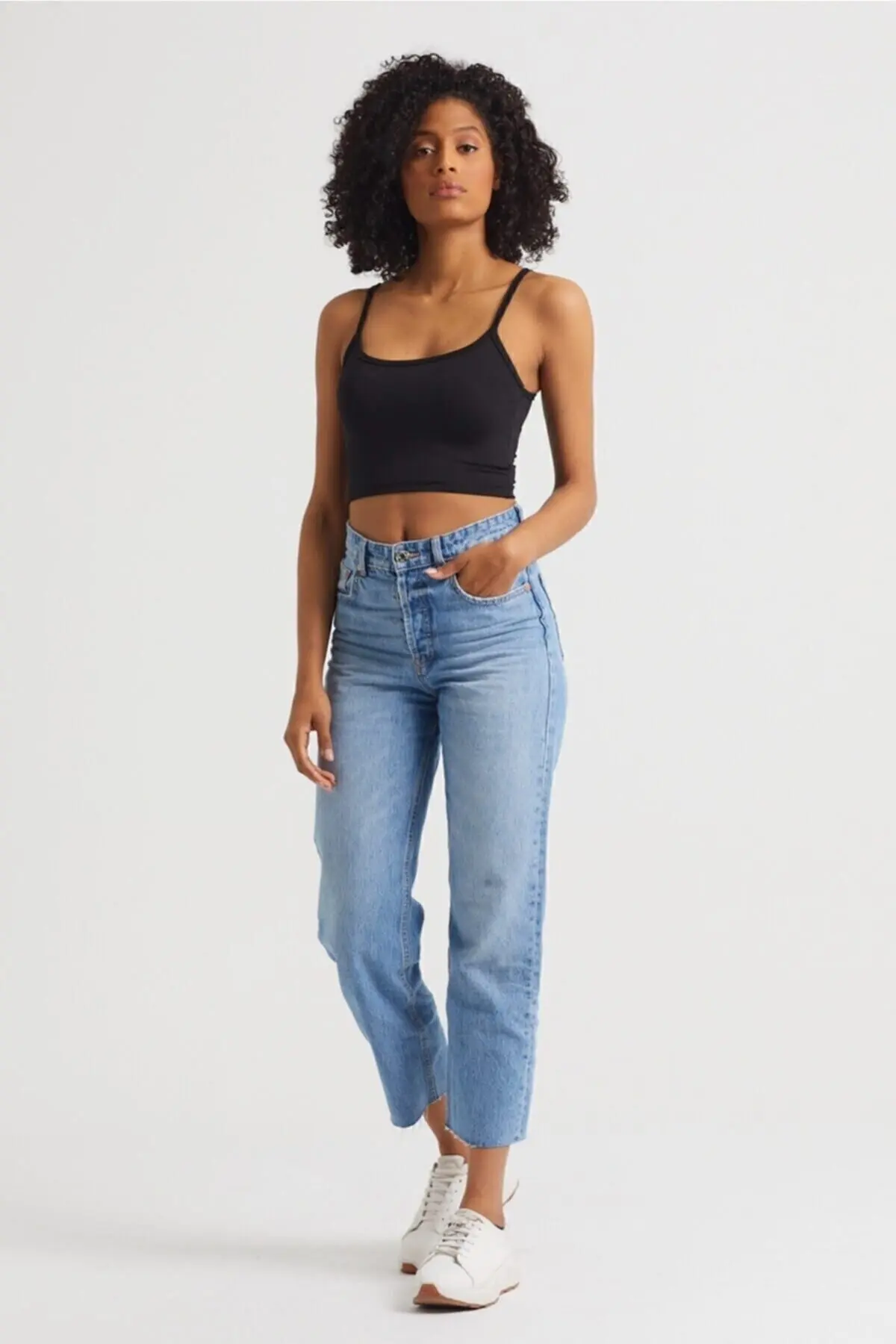 Kadın Siyah Scuba Kumaş İp Askılı Crop Top