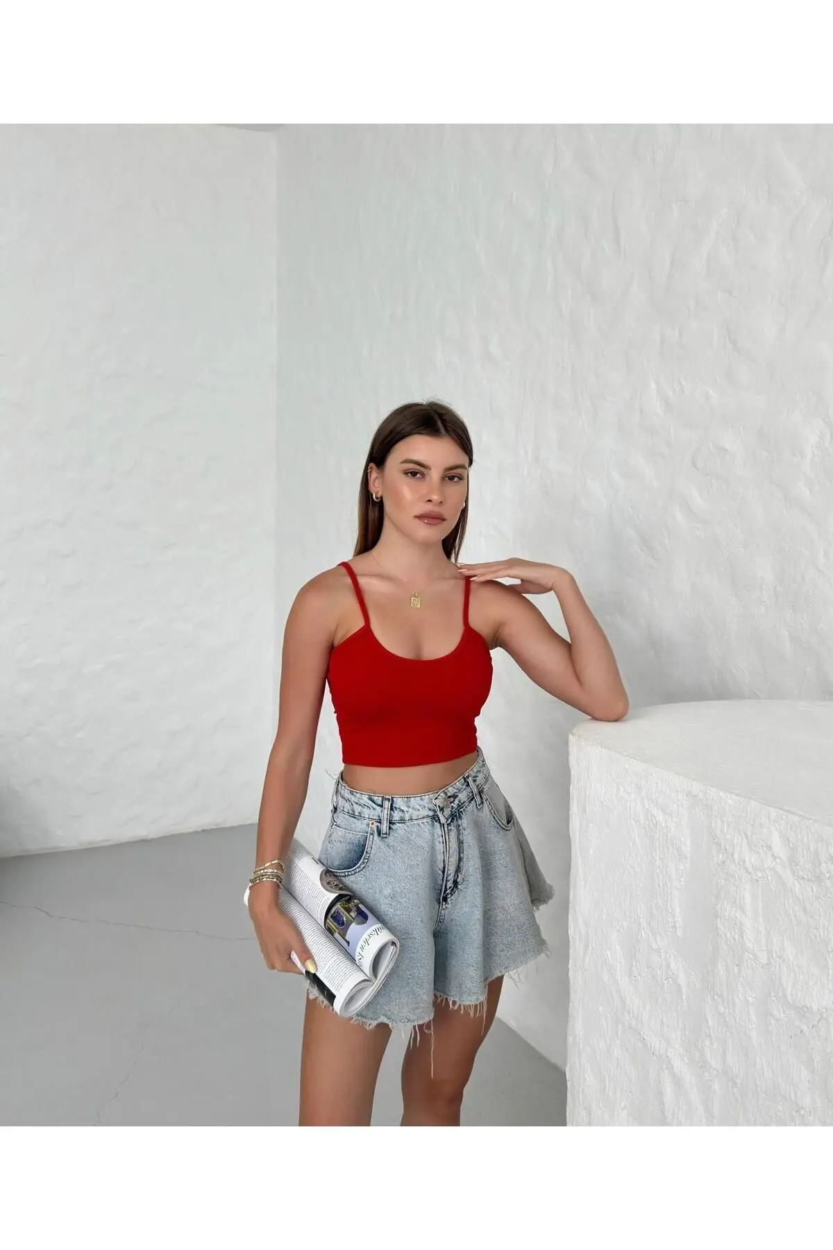 Kadın Kırmızı Scuba Kumaş Ip Askılı Crop Top