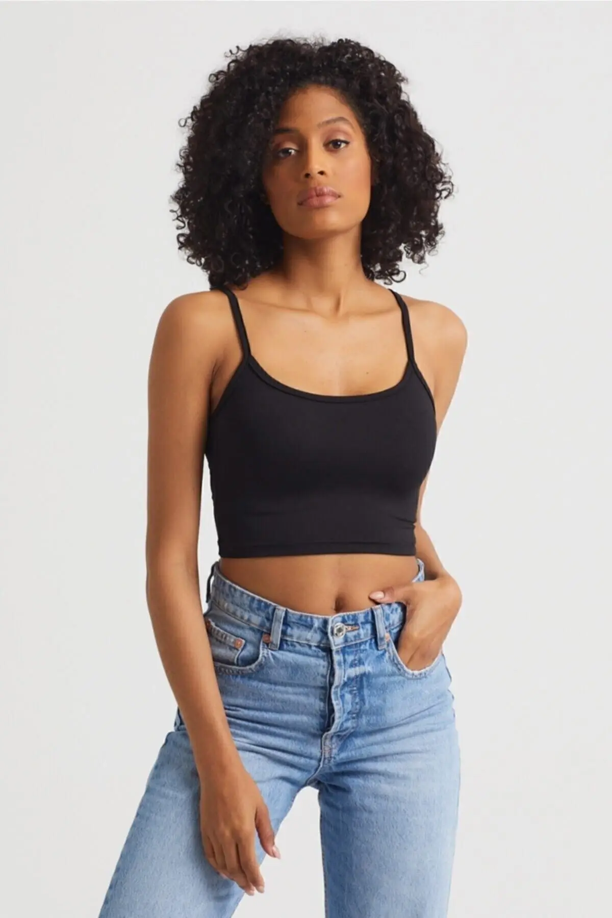 The Base Kadın Siyah Scuba Kumaş İp Askılı Crop Top