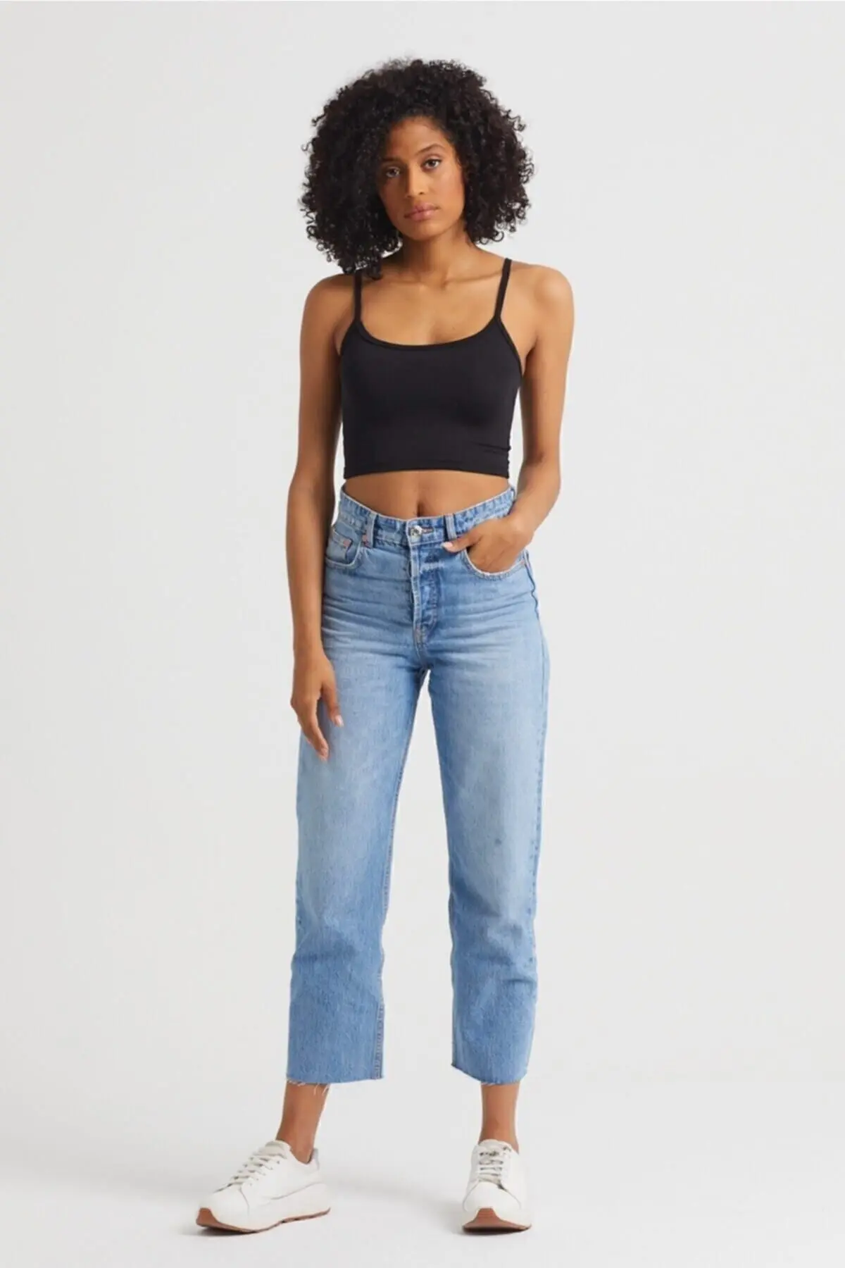 Kadın Siyah Scuba Kumaş İp Askılı Crop Top