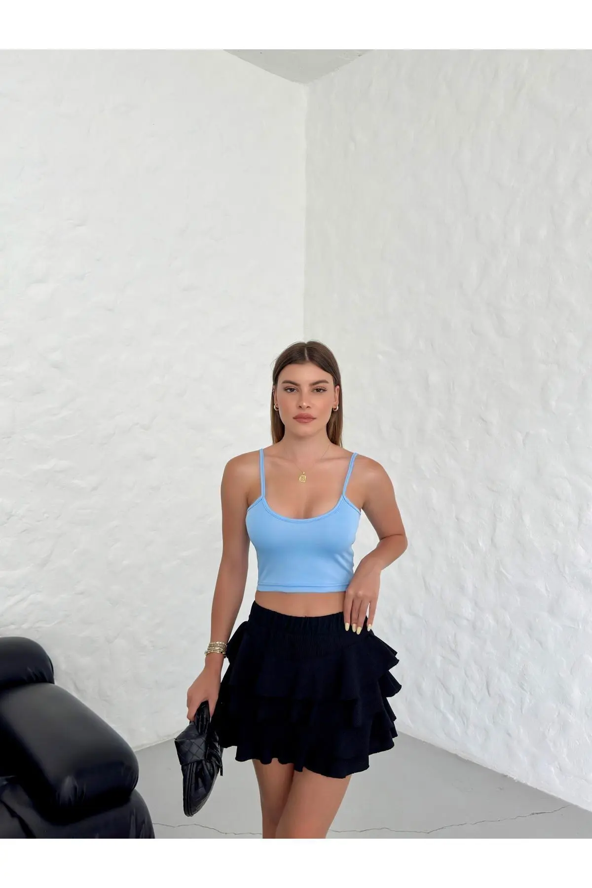 Kadın Bebe Mavi Scuba Kumaş İp Askılı Crop Top