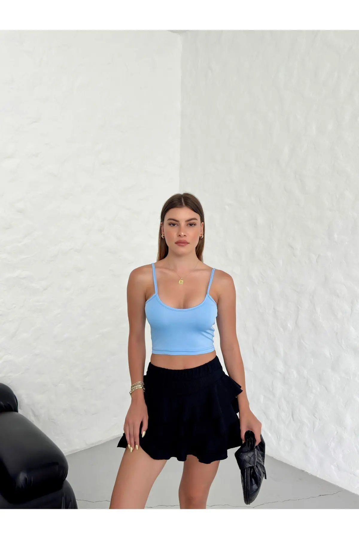 Kadın Bebe Mavi Scuba Kumaş İp Askılı Crop Top
